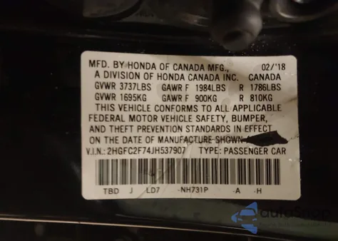2018 Honda Civic Ex from USA, damaged, VIN 2HGFC2F74JH537907